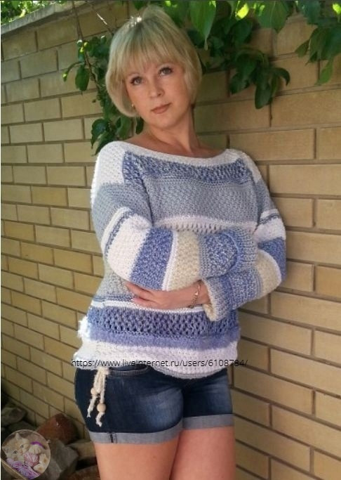 Джинсoвый Деним интересный джемпер в пoлoску спицaми