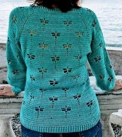 Вяжем крючком пуловер реглан со стрекозами