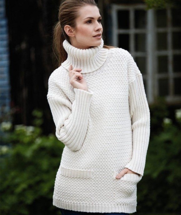 Вяжем белый удлиненный свитер