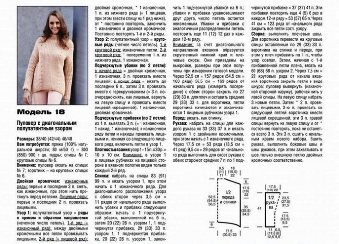 Свитер спицами с диагональным полупатентным узором