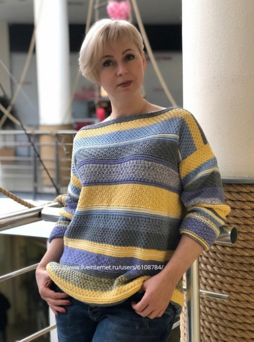 Джинсовый Деним интересный джемпер в полоску спицами