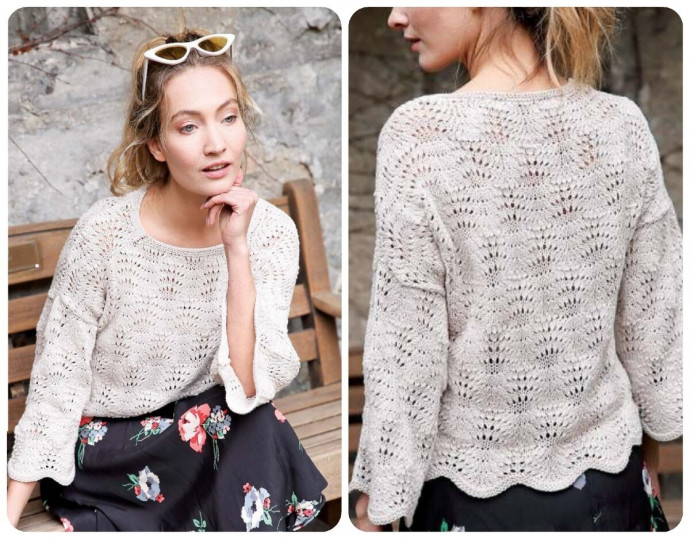 Ажурный пуловер с узором Павлинье перо.